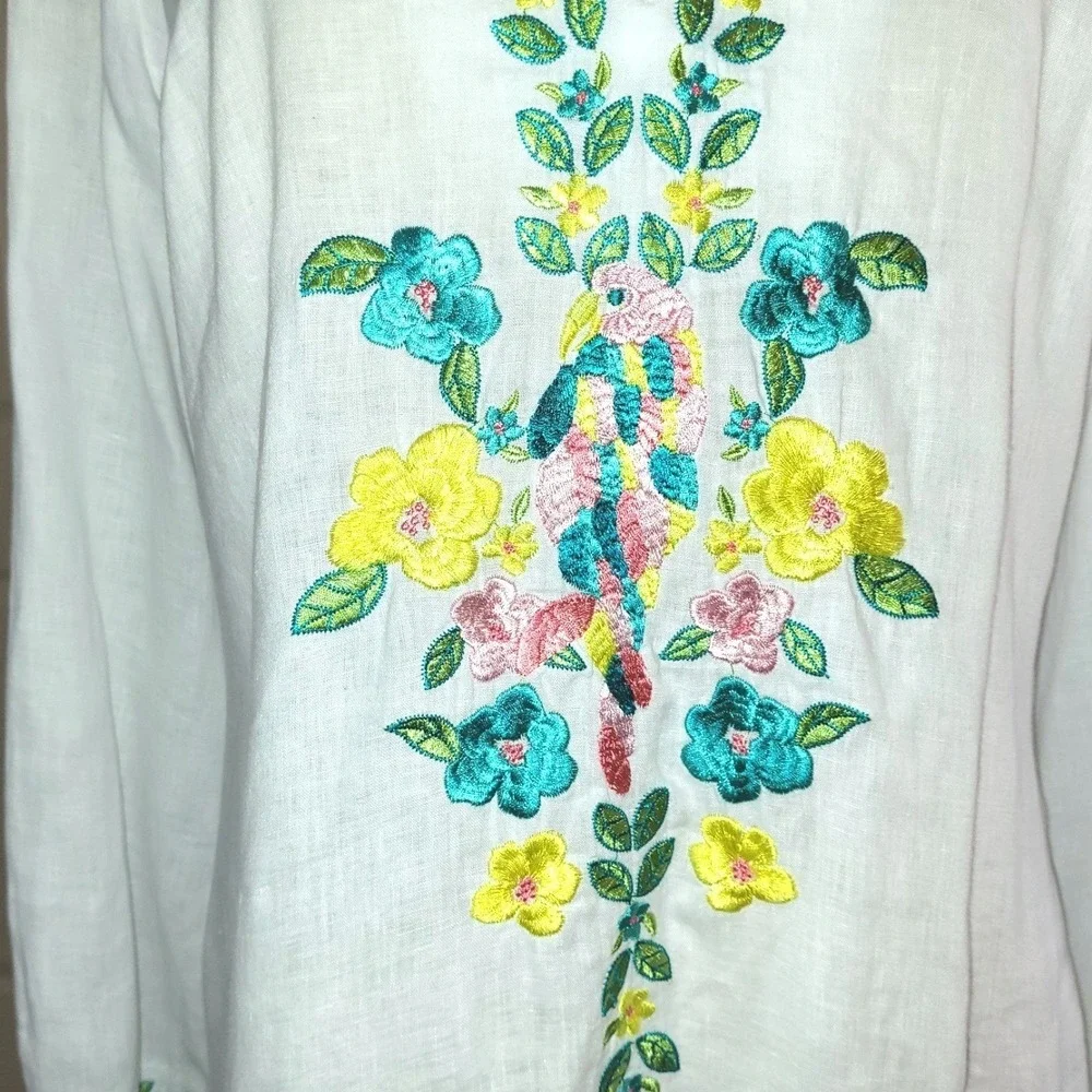 Lilly Pulitzer Amelia Island VTG Embroidered Floral White Linen Boho Tunic Top M - Picture 4 of 9